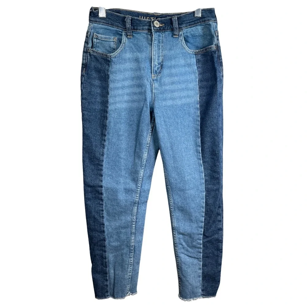 Justice Girls Two Tone Colorblock High Rise Jeans Blue Denim Size 18 Raw Hem‎